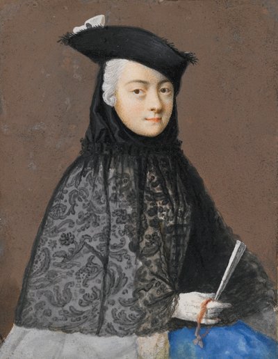 Porträt einer sitzenden Dame im venezianischen Karnevalskostüm mit einem Fächer von Jean Étienne Liotard